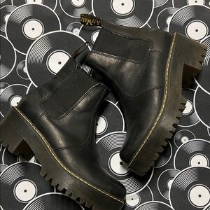 Dr. Martens Black Leather Platform Chelsea Boots with Yellow Stitching